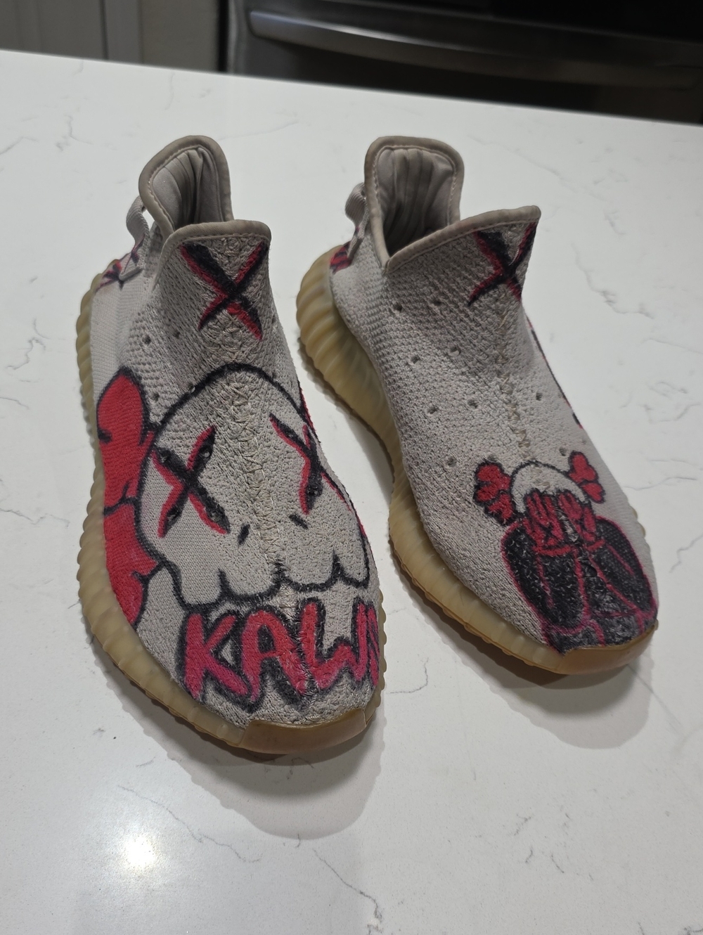 Adidas Boost Yeezy Custom Painted Knit Slip-On Sneakers red& Black Artwork Sz 12